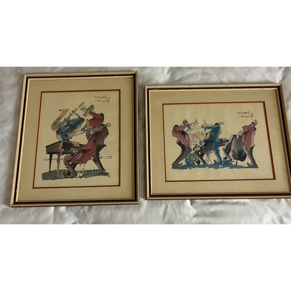 2 Vintage Meismann 1976 New Orleans NOLA Jazz Art Prints Framed Musicians